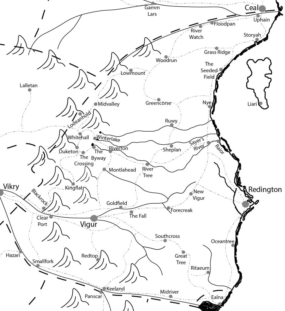 A map of the kingdom of Viguran where most of the book series takes place. It shows cities, roads, and rivers.